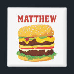 Aimant frigo double cheeseburger personnalisé<br><div class="desc">Utilisez le champ Remplir le vide pour ajouter facilement votre propre nom ou un message court à ce mignon aimant frigo avec un allume mouthwatering cheeseburger double. Fait une fête amusante personnalisée la faveur de la fête. Vous aimez les hamburgers et les cheeseburgers ? Trouvez des articles plus savoureux dans...</div>