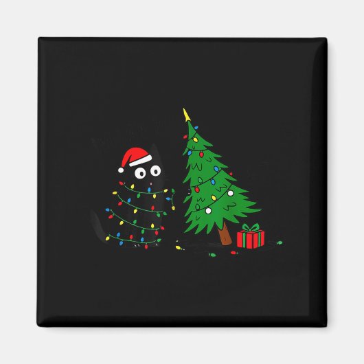 Aimant Funny Black Cat Pushing 67 Christmas Tree Over Cat (Devant)