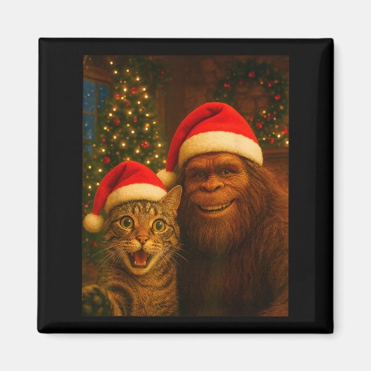 Aimant Funny Cat Selfie With Bigfoot Christmas Sasquatch  (Devant)