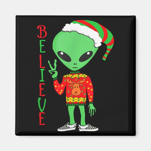 Aimant Funny Christmas Alien Ugly Sweater I Believe Santa (Devant)