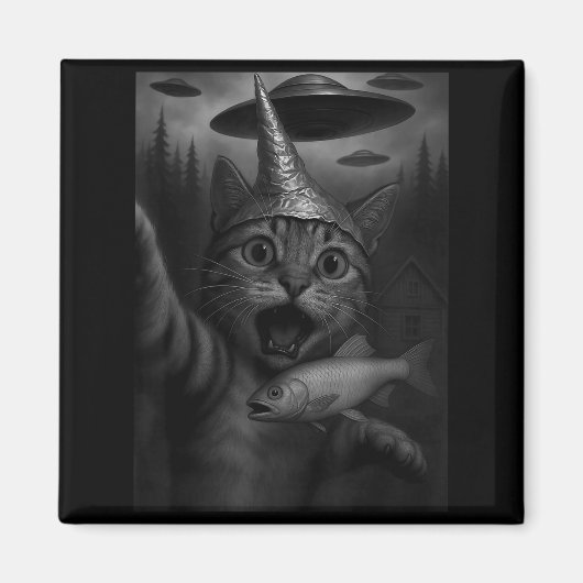 Aimant Funny Consracy Cat In Tin Foil Hat Panics At Alien (Devant)