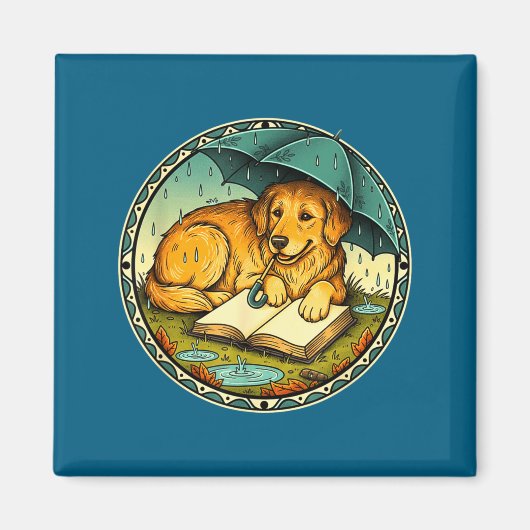 Aimant Funny Dog Reading Book Rain Cozy Umbrella Cute Art (Devant)
