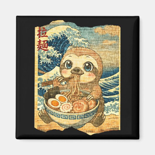 Aimant Funny Kawaii Sloth Ramen Noodle Bowl Japanese Wave (Devant)