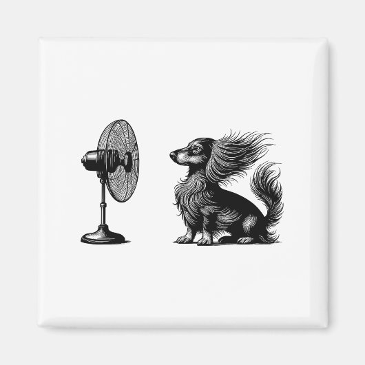 Aimant Funny Long Haired Dachshund Dog With Fan Doxie Wie (Devant)