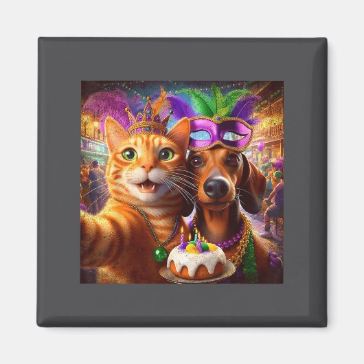Aimant Funny Mardi Gras Cat Dachshund Selfie Squad  (Devant)