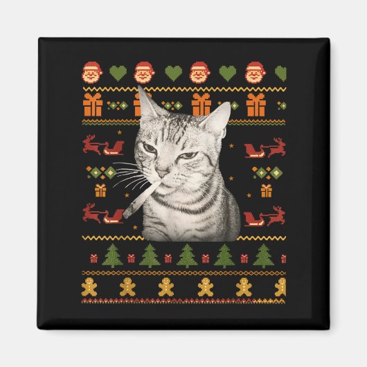 Aimant Funny Smoking Cat Meme Christmas Ugly Sweaters For (Devant)