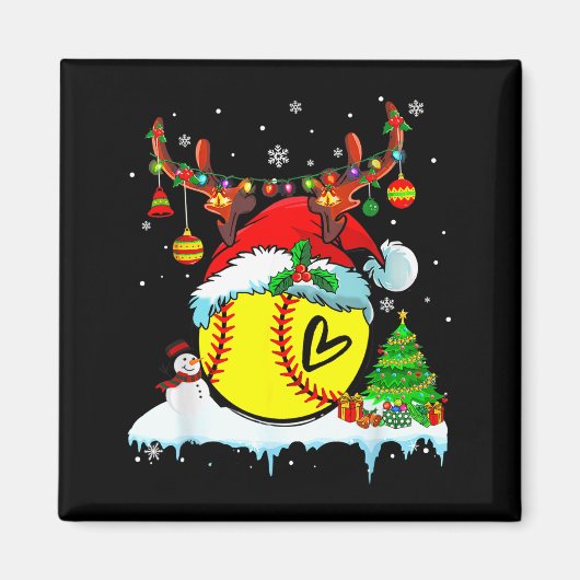 Aimant Funny Softball Christmas Reindeer Santa Hat Lights (Devant)