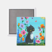 Aimant Funny Tuxedo Fleurs de chats Créationarts (Recto/Verso)