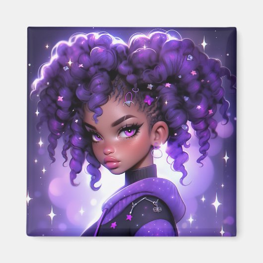 Aimant Galaxie violette fille avec cheveux bouclés (Devant)