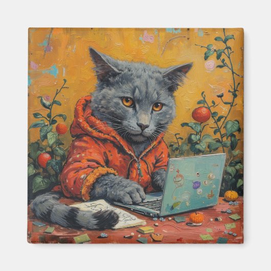 Aimant Gamer Cat at the Computer – Funny Tech Meme Square (Devant)