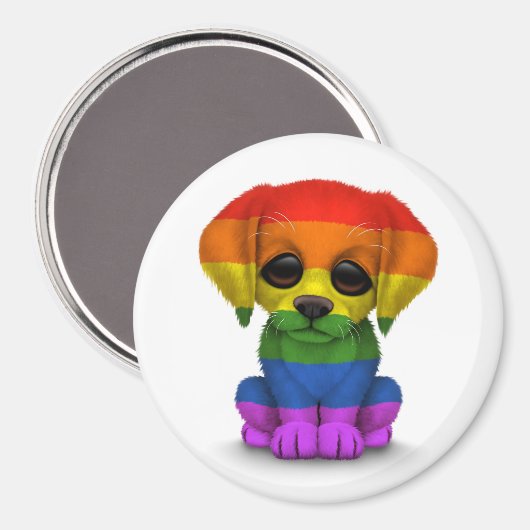 Aimant Gay pride arc-en-ciel mignon Chien chiot, blanc (Recto/Verso)