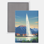 Aimant Geneva Street Suisse Travel Jet d'eau Vintage (Recto/Verso)