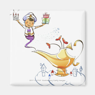 Aimant Génie apportant une maison et des cadeaux d'une