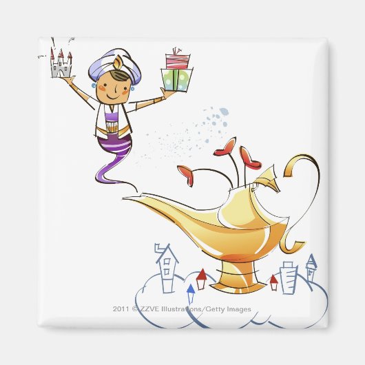Aimant Genie apportant une maison et des cadeaux d'une la (Devant)