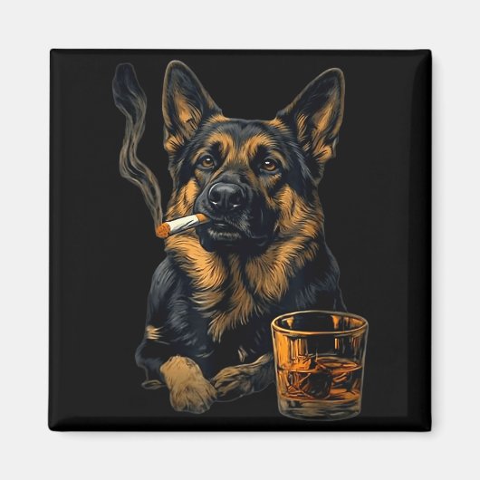 Aimant German Shepherd Dog Smoking Cigarette Whisky Lover (Devant)