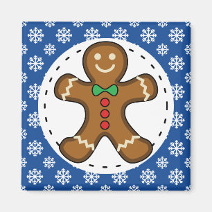 Aimant Gingerbread Man on Blue White Snowflakes