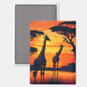 Aimant Girafes au trou d'eau au coucher du soleil (Recto/Verso)