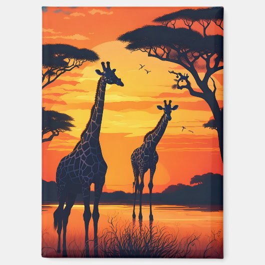 Aimant Girafes au trou d'eau au coucher du soleil (Recto)