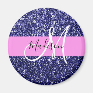Aimant Glam Bleu Nuit Rose Paillettes Paillettes Nom Mono