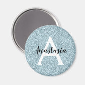 Aimant Glam Bleu Paillettes Argentées Monogramme Nom (Recto/Verso)
