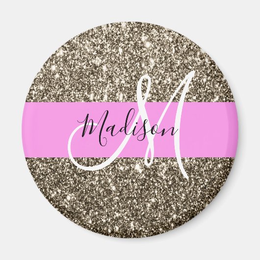 Aimant Glam Rose Champagne Or Glitter Monogramme (Devant)