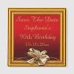 Aimant Glamorous Gold Frame & Faux Bow 90th Birthday<br><div class="desc">Stylish custom 90th Birthday party Save The Date. Elegant and glamorous personalized / personalised birthday party celebration save the date magnets for women. With a beautiful, sophisticated gold framed border and an abstract wavy flourishes and printed image sparkles, with a fancy, glam shiny realistic golden bows image on a festive,...</div>