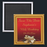 Aimant Glamorous Gold Frame & Faux Bow 90th Birthday<br><div class="desc">Stylish custom 90th Birthday party Save The Date. Elegant and glamorous personalized / personalised birthday party celebration save the date magnets for women. With a beautiful, sophisticated gold framed border and an abstract wavy flourishes and printed image sparkles, with a fancy, glam shiny realistic golden bows image on a festive,...</div>