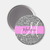 Aimant Glamour Rose & Paillettes Argent Monogramme Nom (Recto/Verso)