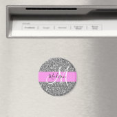 Aimant Glamour Rose & Paillettes Argent Monogramme Nom (In Situ (Lave-vaisselle))