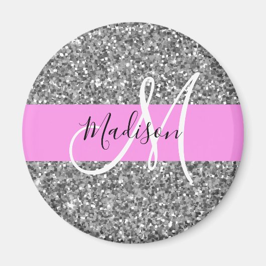 Aimant Glamour Rose & Paillettes Argent Monogramme Nom (Devant)