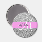 Aimant Glamour Rose & Paillettes Argent Monogramme Nom (Recto/Verso)