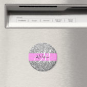 Aimant Glamour Rose & Paillettes Argent Monogramme Nom (In Situ (Lave-vaisselle))