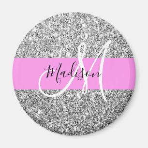 Aimant Glamour Rose & Paillettes Argent Monogramme Nom