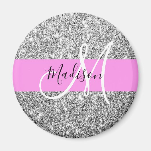 Aimant Glamour Rose & Paillettes Argent Monogramme Nom (Devant)