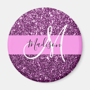 Aimant Glamour Rose & Violet Paillettes Monogramme Nom