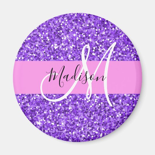 Aimant Glamour Violet & Rose Paillettes Monogramme Nom (Devant)