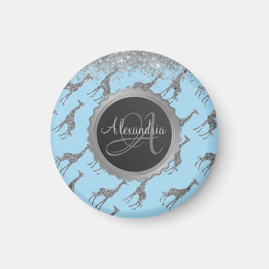 Aimant Glitterie Giraffe Argent sur Dreamy Blue Monogramm (Devant)