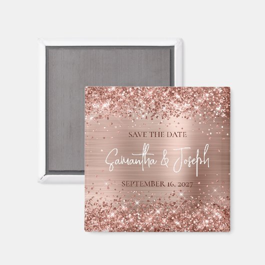 Aimant Glittery Rose Gold Foil Wedding Enregistrer la dat (Recto/Verso)
