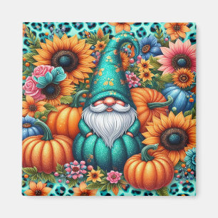 Aimant Gnome d'automne avec des Citrouilles et des fleurs