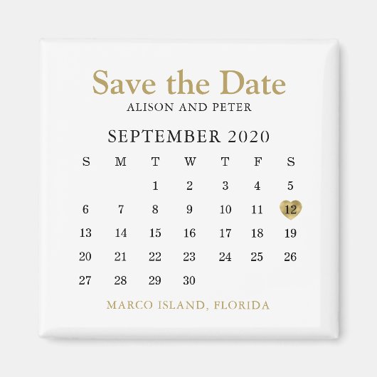 Aimant Gold Heart Calendar Wedding Enregistrer la date (Devant)