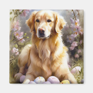 Aimant Golden Retriever avec oeufs de Pâques