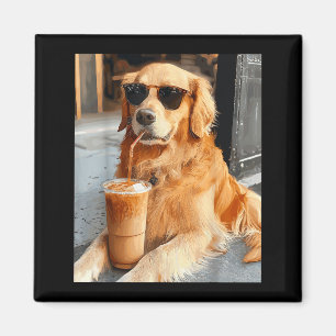 Aimant Golden retriever buvant un café glacé