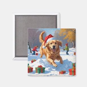 Aimant Golden Retriever dans la neige avec un chapeau de