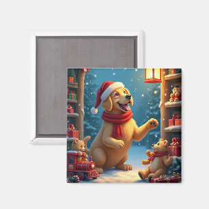 Aimant Golden Retriever dans l'atelier du Père Noël Noël