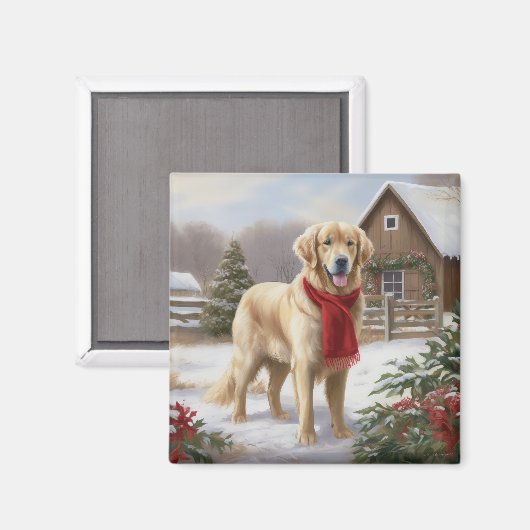 Aimant Golden Retriever Dog in Snow Christmas (Recto/Verso)