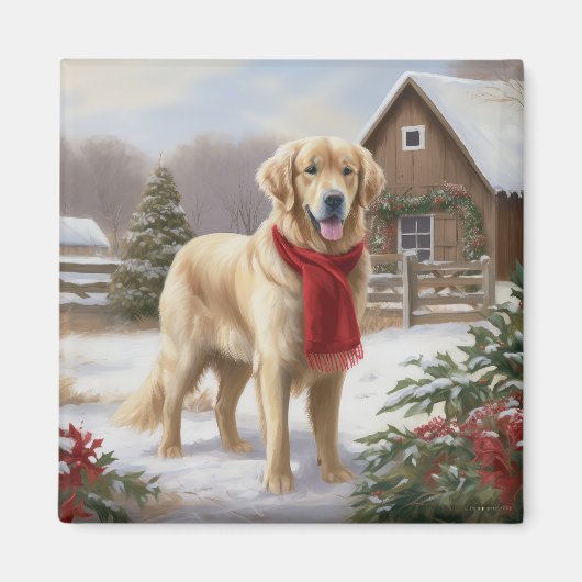 Aimant Golden Retriever Dog in Snow Christmas (Devant)