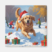 Aimant Golden Retriever en neige avec Casquette de Noël (Devant)