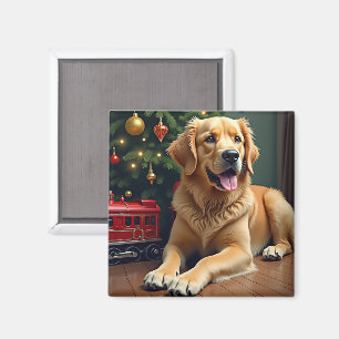 Aimant Golden Retriever près du train jouet de Noël