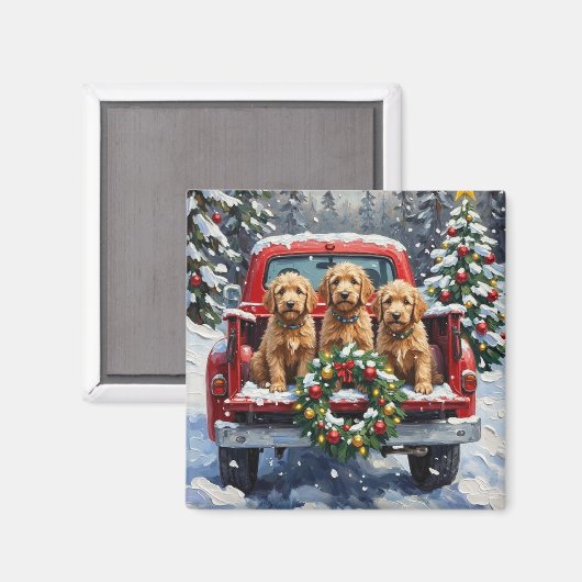 Aimant Goldendoodle Christmas Red Truck Holiday (Recto/Verso)