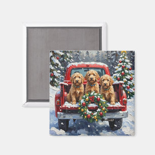 Aimant Goldendoodle Noël Camion Rouge Fêtes